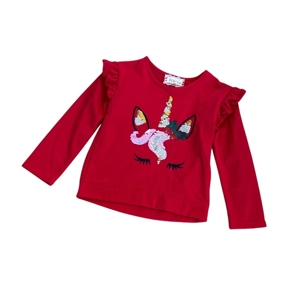 Btween Kids Girls Red‎ Unicorn Sequin Long Sleeve Ruffle Shirt Size 4